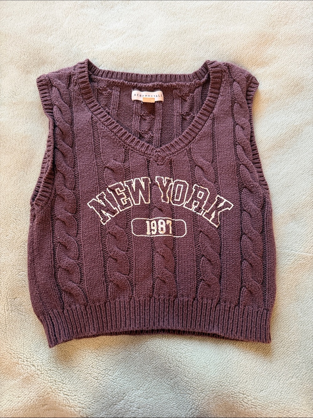 Aeropostale New York 1987 Cable Knit Sweater Vest Brown Size XS stretchy